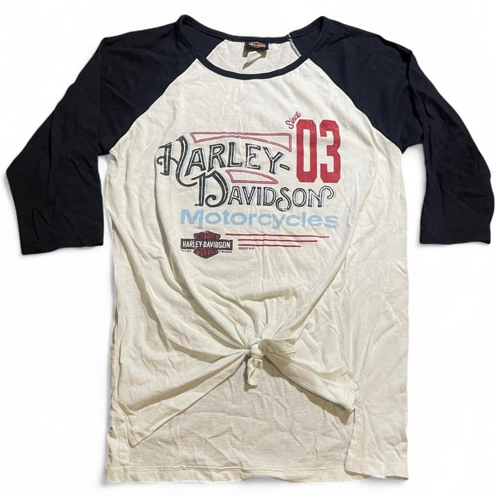 Harley-Davidson Women’s White & Black Baseball Tee with Tie Front – Size Medium